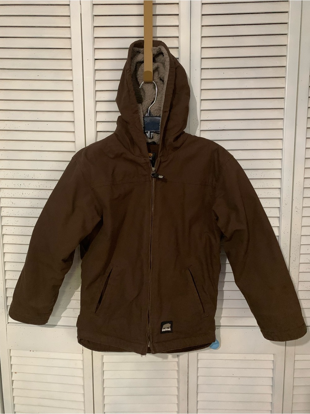 Berne Brown Youth Medium Sherpa-Lined Softstone Duck Hooded Coat Jacket